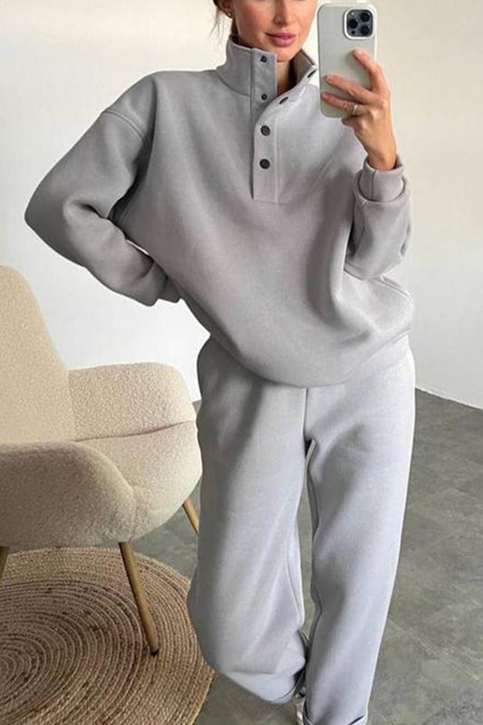 Anya | Stand collar button down sweatshirt suits