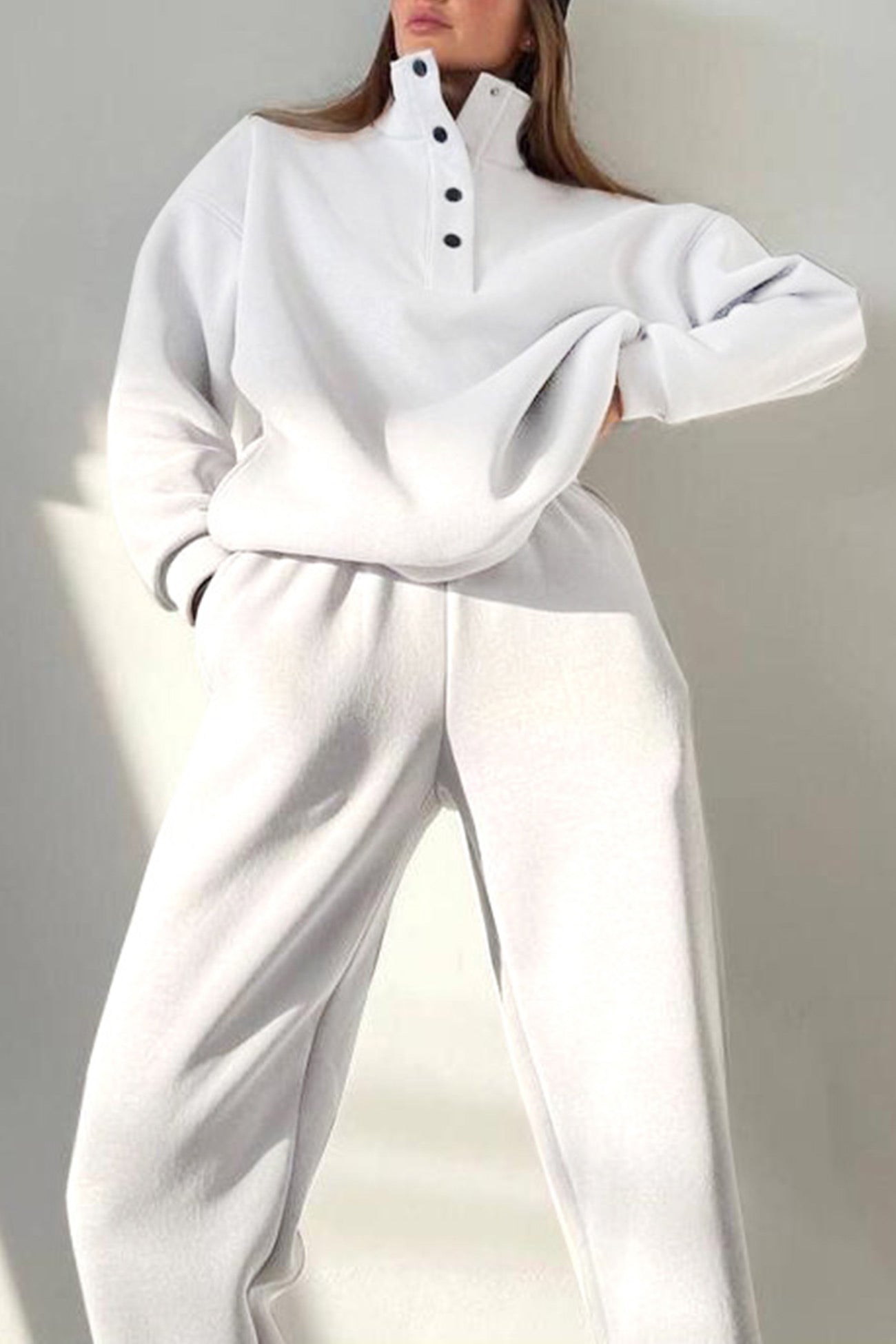 Anya | Stand collar button down sweatshirt suits