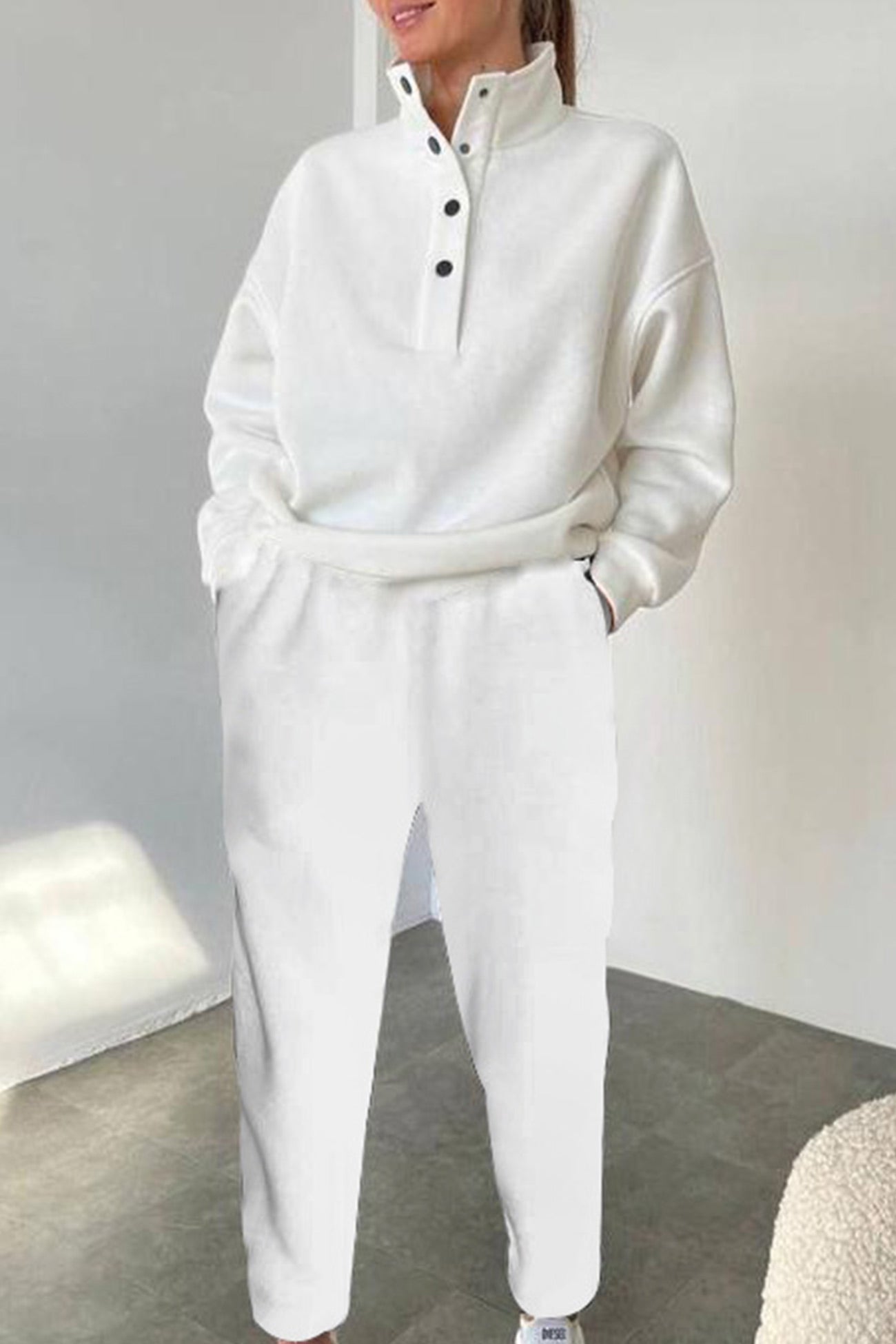 Anya | Stand collar button down sweatshirt suits