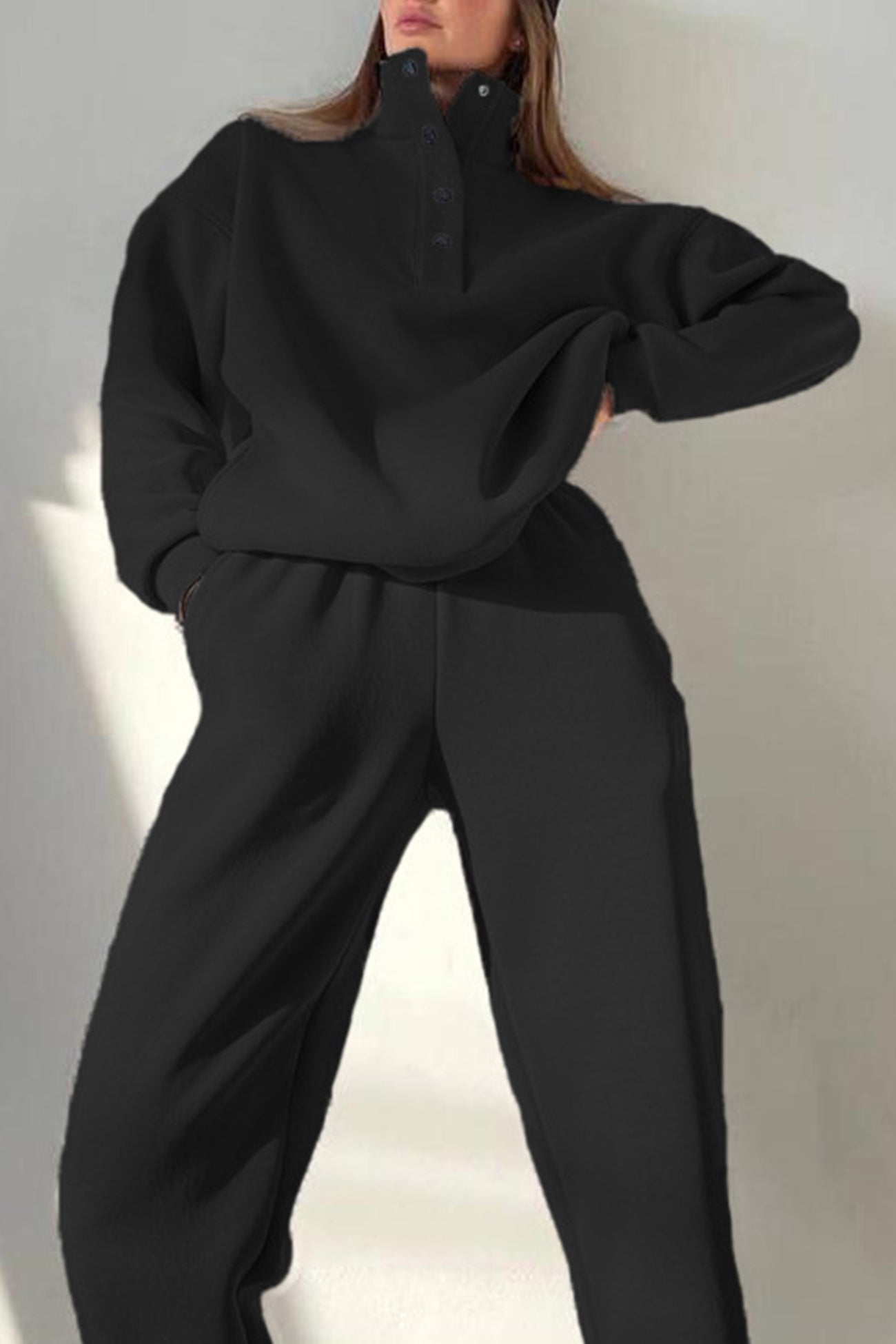Anya | Stand collar button down sweatshirt suits