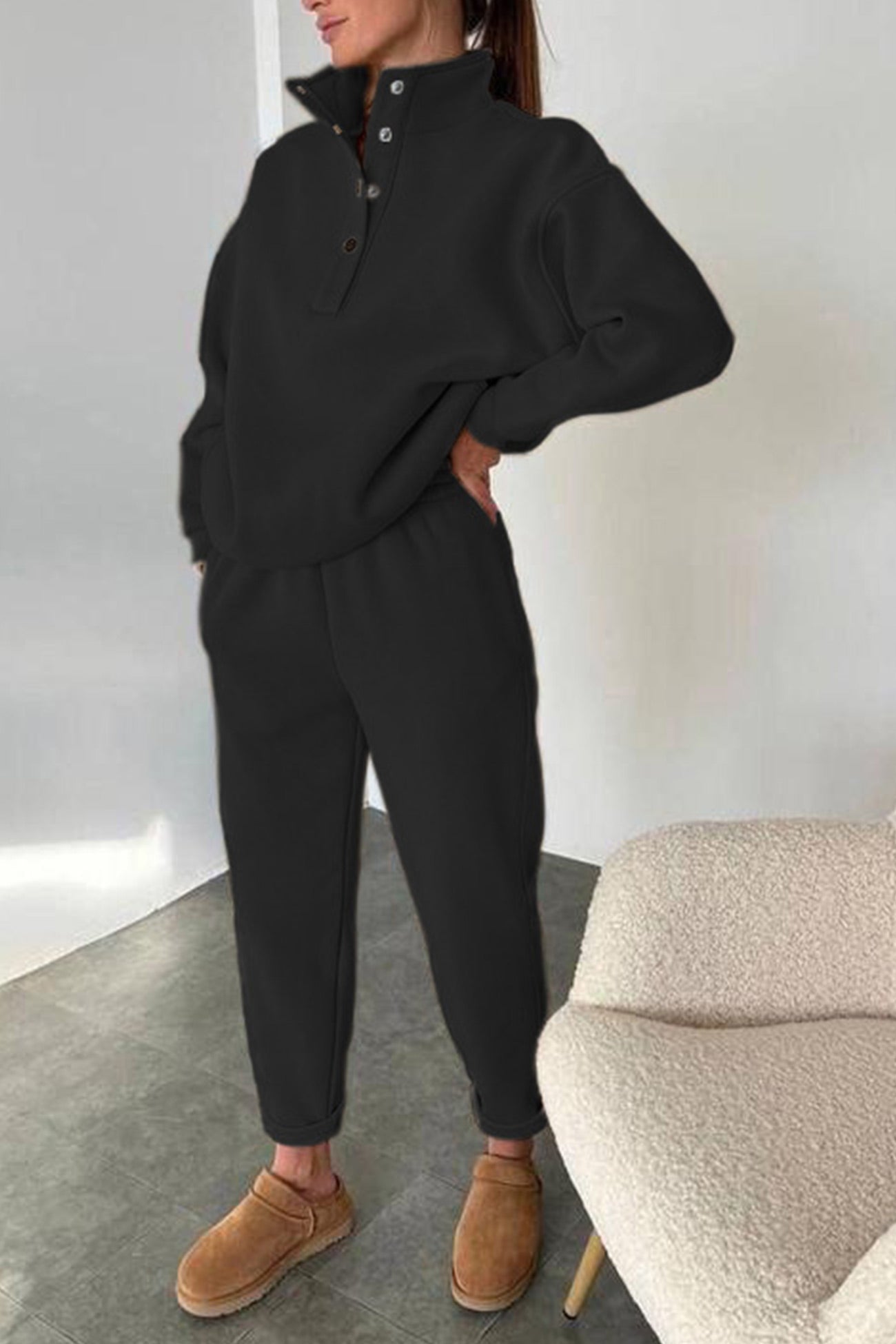 Anya | Stand collar button down sweatshirt suits