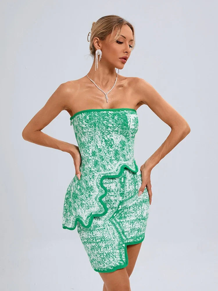 Summer Sexy Asymmetric Strapless Top Mini Skirts Two Piece Party Dress