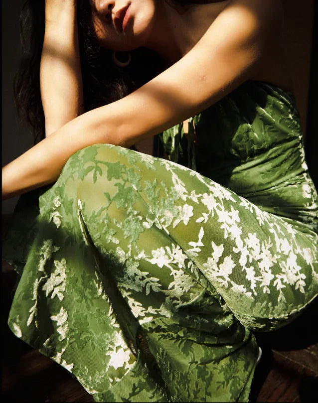 Vintage Green Velvet Burnt Flower Long Strap Backless Sleeveless Boho Party Dress