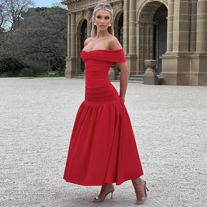 Elegant Backless Patchwork Long Red Sleeveless Bandeau Solid Pleated Wide Skirt Party Dress