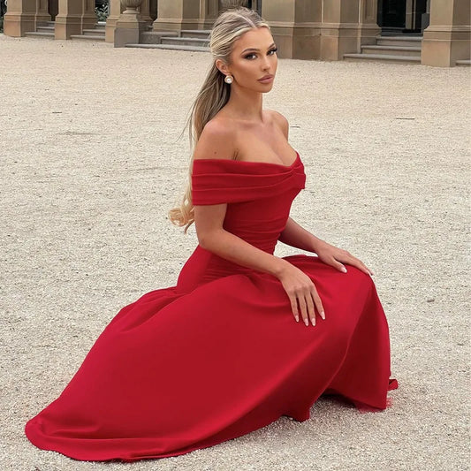 Elegant Backless Patchwork Long Red Sleeveless Bandeau Solid Pleated Wide Skirt Party Dress