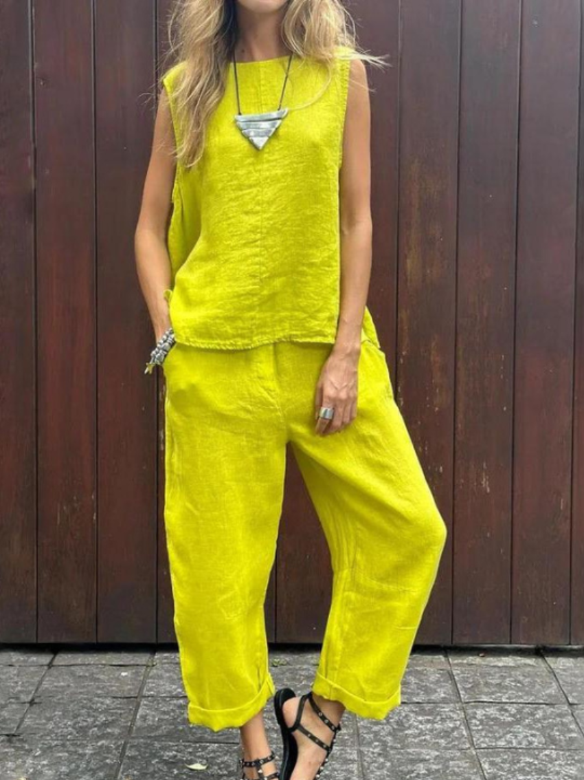 Kylie® | Casual Sleeveless Cotton And Linen Top And Pants Set
