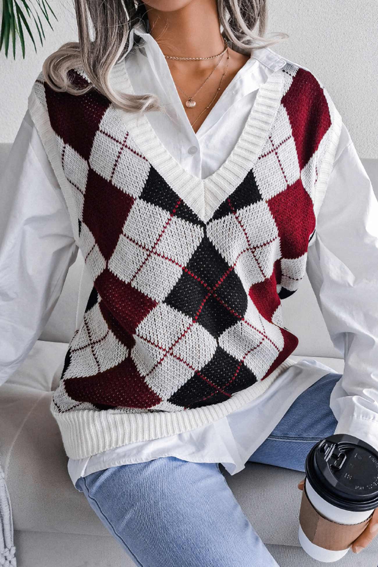 Milena | Checked knit tank top with V-neck