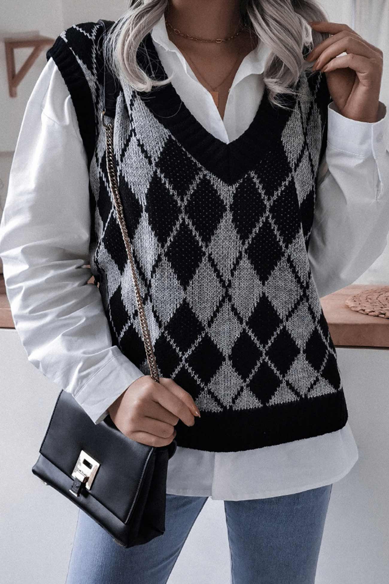 Milena | Checked knit tank top with V-neck
