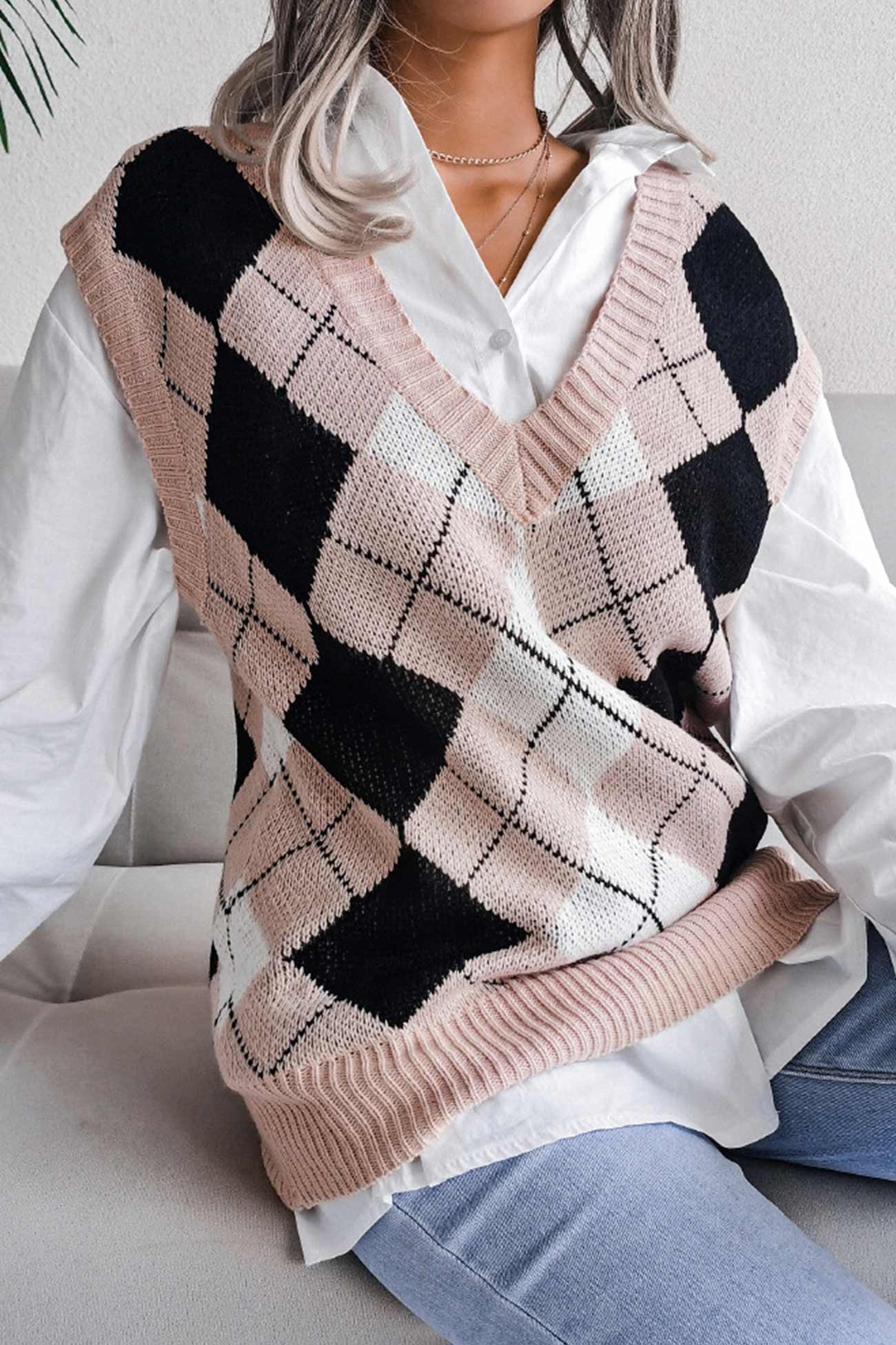 Milena | Checked knit tank top with V-neck