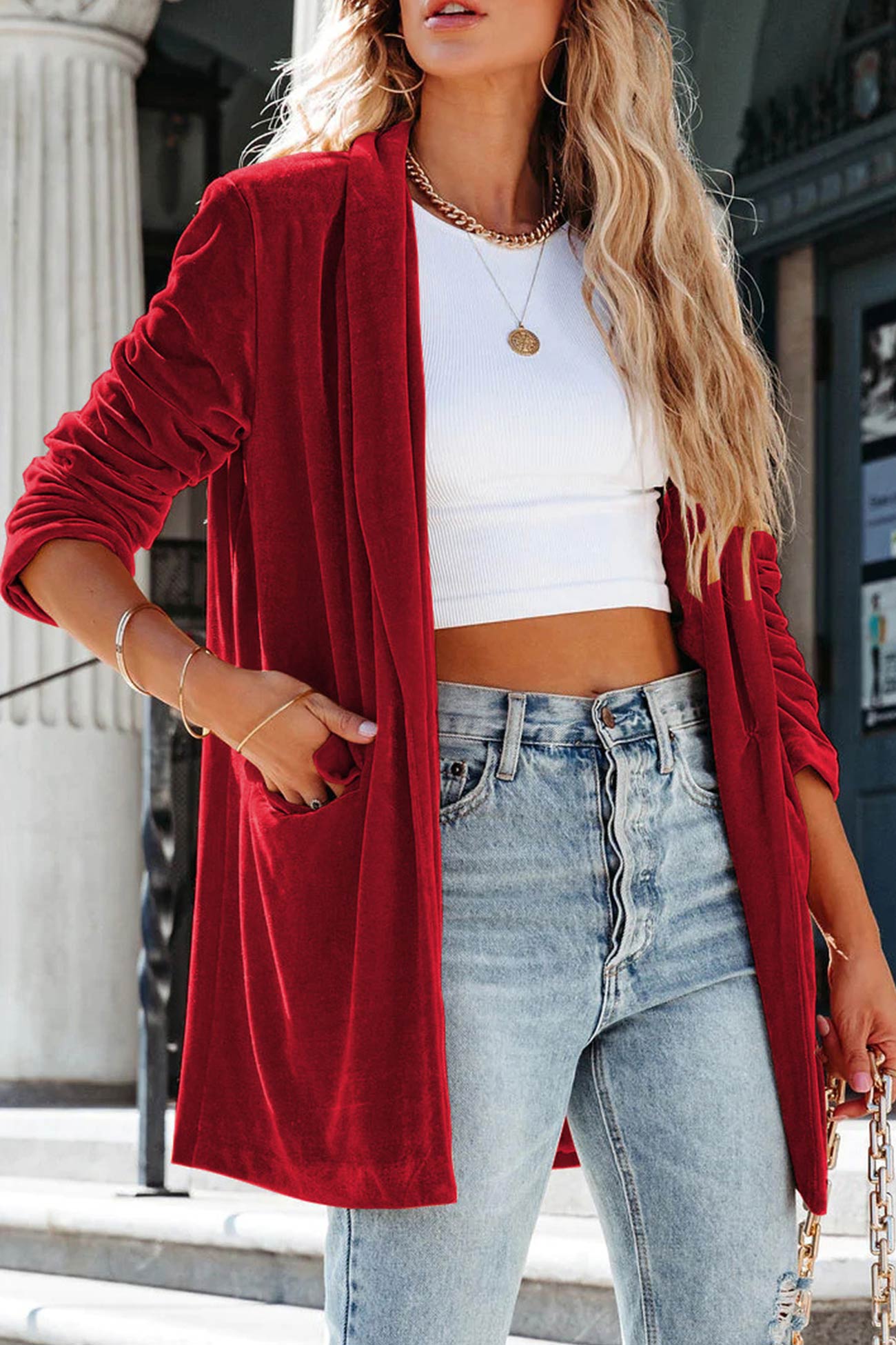 Miranda | Mid-length coat made of sturdy velvet with pockets