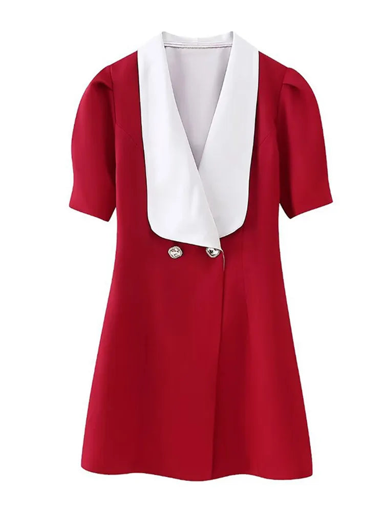 Vintage Red Contrasting Button Mini Dresses Elegant V Neck A-Line Party Dress