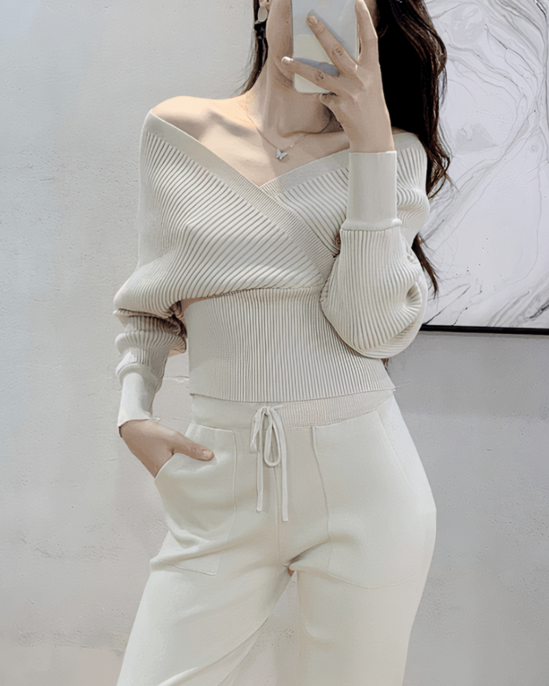 Felicia | Sexy off-the-shoulder knit top and pants set
