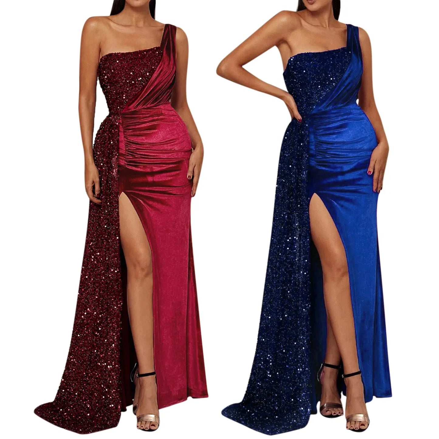 Elegant One Shoulder Draped Split Wedding Party Prom Formal Long Gown Party Dress