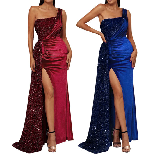 Elegant One Shoulder Draped Split Wedding Party Prom Formal Long Gown Party Dress