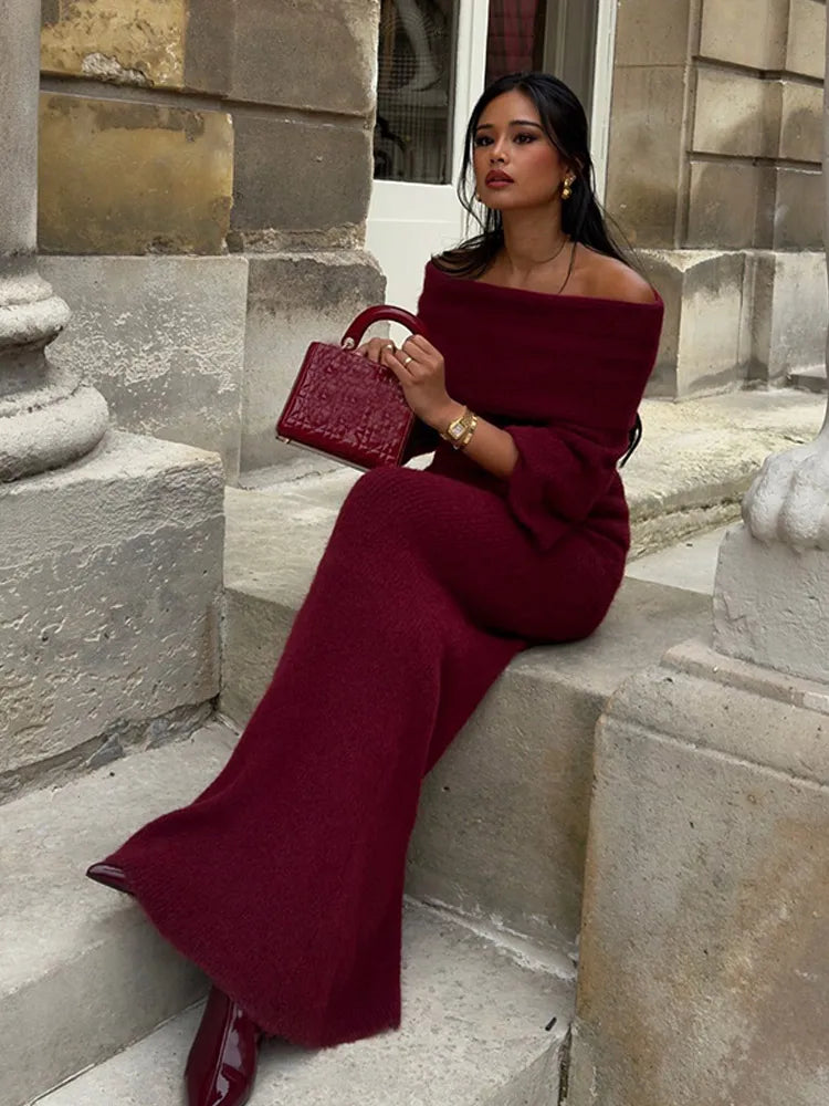 Elegant Off Shoulder Fold Knit Long Sleeve Tight Red Party Dress