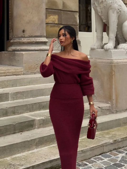 Elegant Off Shoulder Fold Knit Long Sleeve Tight Red Party Dress