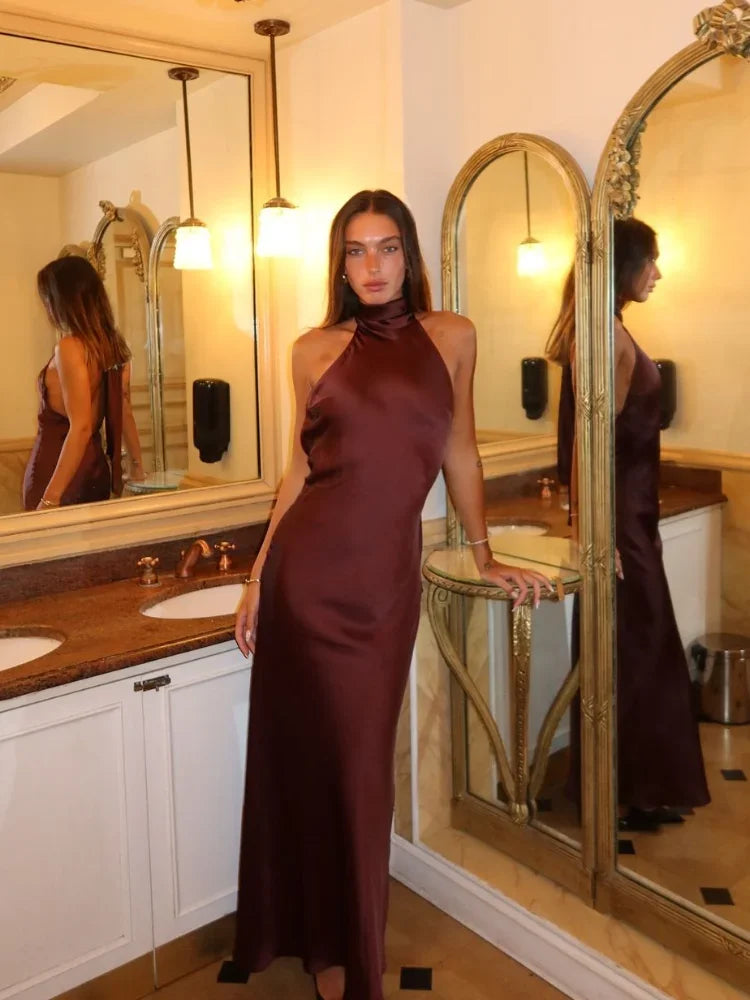 Sexy Chic Satin Backless Halter Lace Up Dress