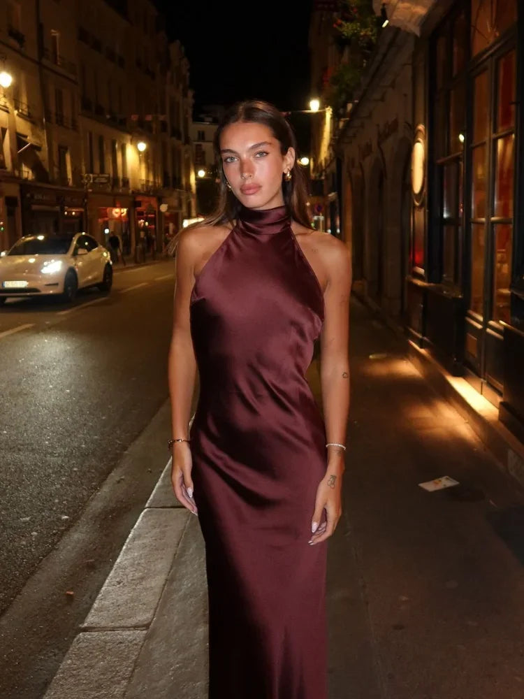 Sexy Chic Satin Backless Halter Lace Up Dress