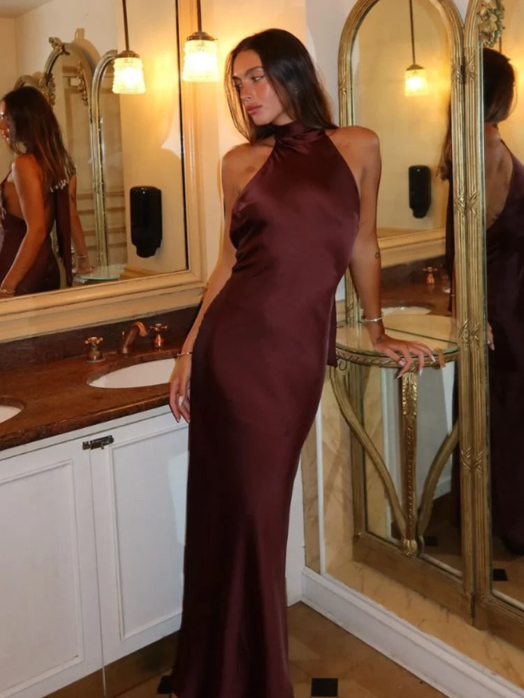 Sexy Chic Satin Backless Halter Lace Up Dress