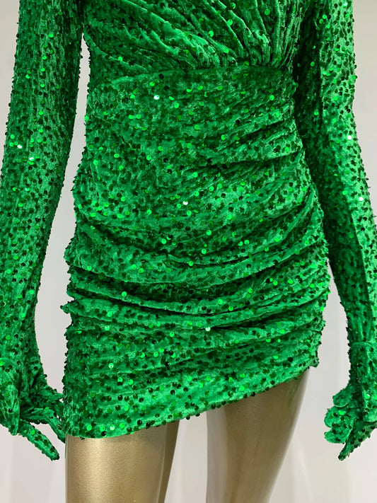 Summer Sexy Turtleneck Long Sleeve Velvet Green Mini Sequins Bodycon Party Dress