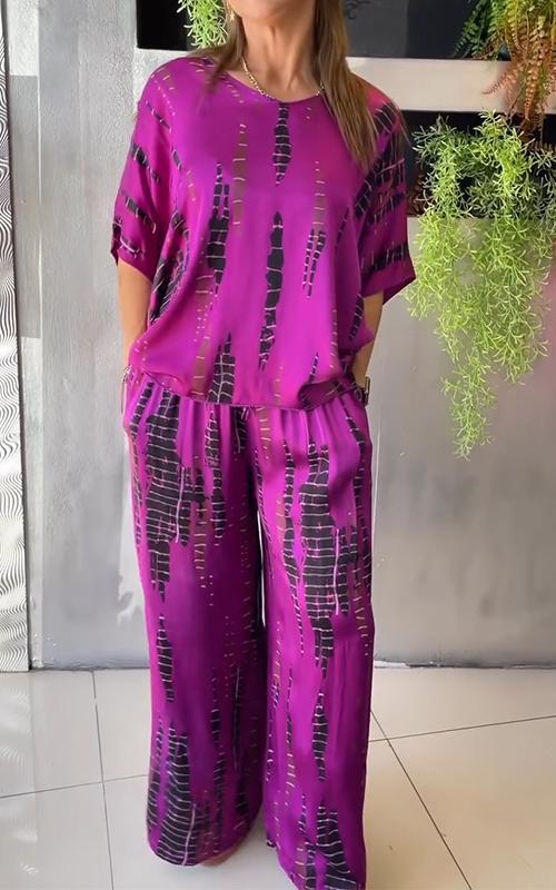 María Fernanda® | Elegant ladies satin suit set round neck