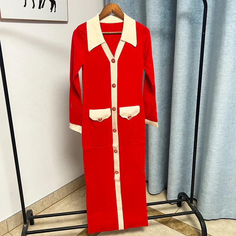 Chic Knitted Turn-down Collar Red Black Party Dress