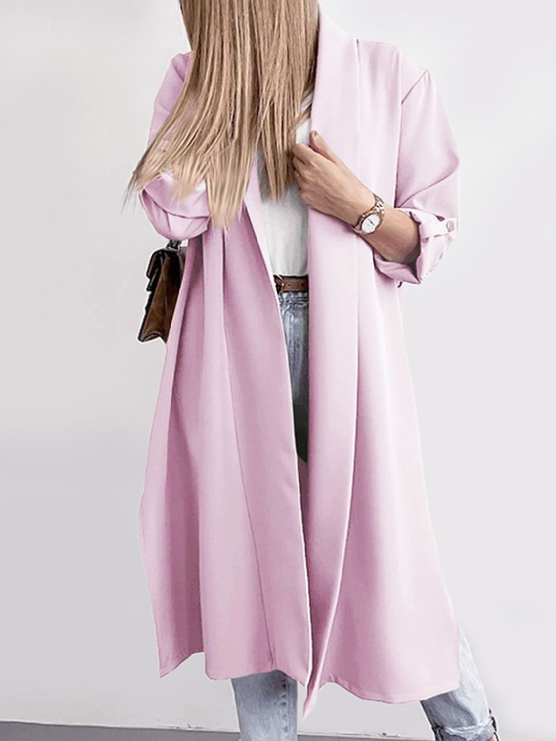 Marianna | Slit trench coat with roll tab sleeves open at the front