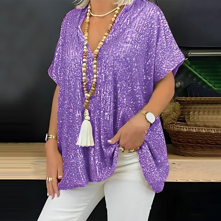 Kira® | Loose V-Neck Sequin T-Shirt