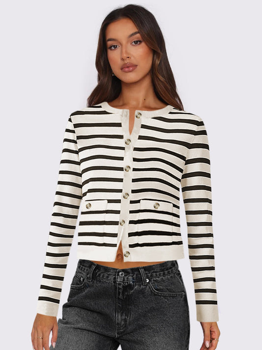 Gabriela | Striped, long-sleeved cardigan with button placket and crew neck