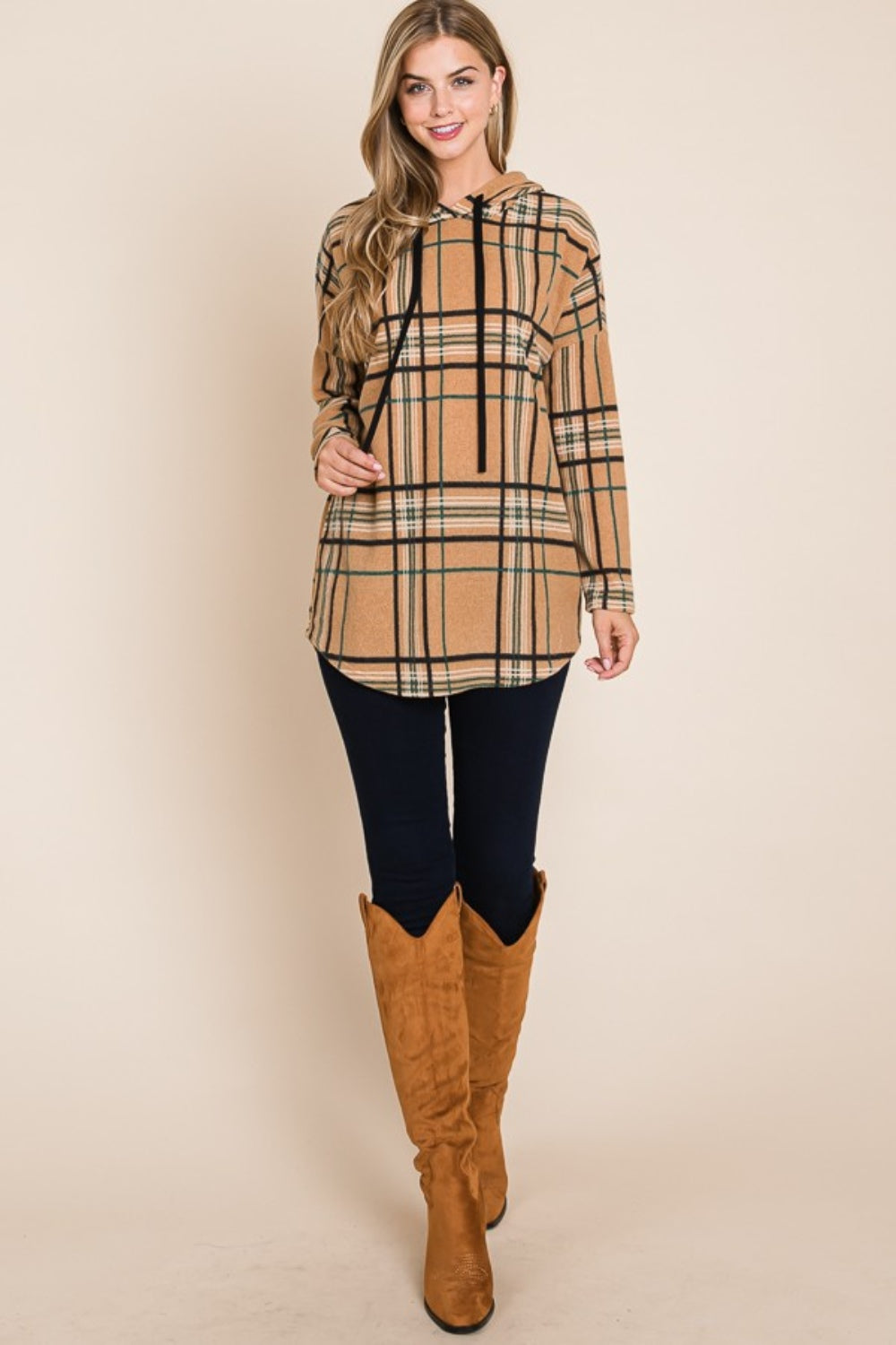 Elfriede | Drawstring hoodie with check pattern and long sleeves
