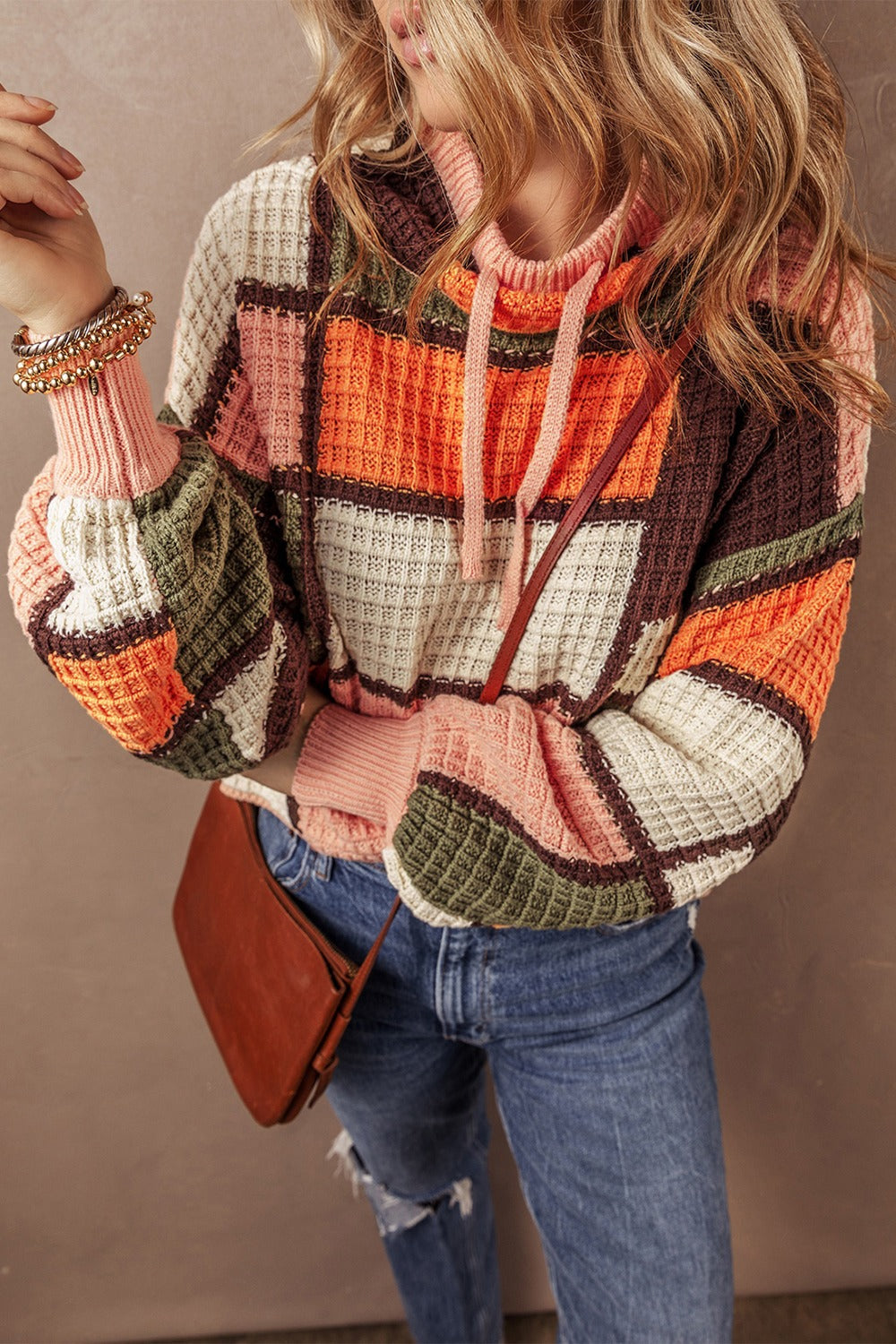 Ester | Long sleeve drawstring sweater with color block design