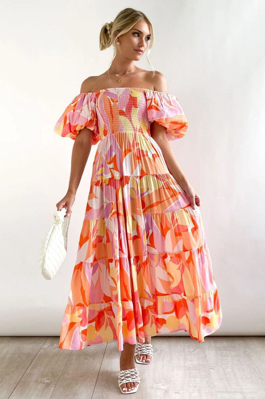 Alicia® | Printed Off-The-Shoulder Tiered Maxi Dress With Puff Sleeves