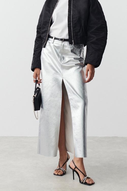 Raquel® | Maxi Slit Skirt In Metallic