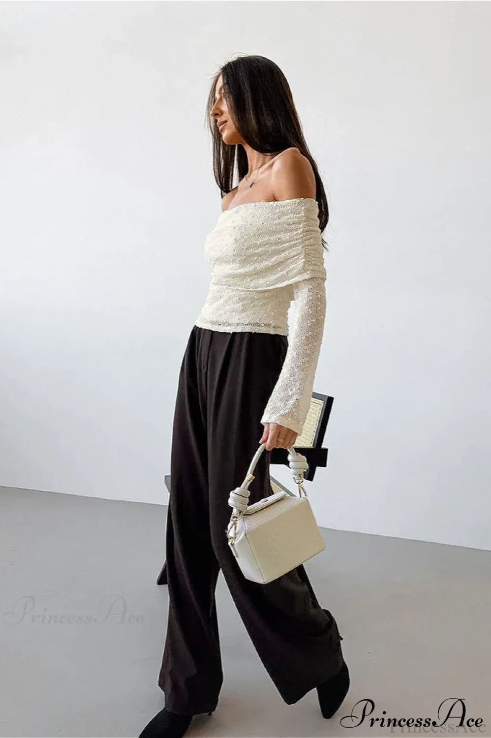 Apricot Off Shoulder Lace Knit Long Sleeve Tee