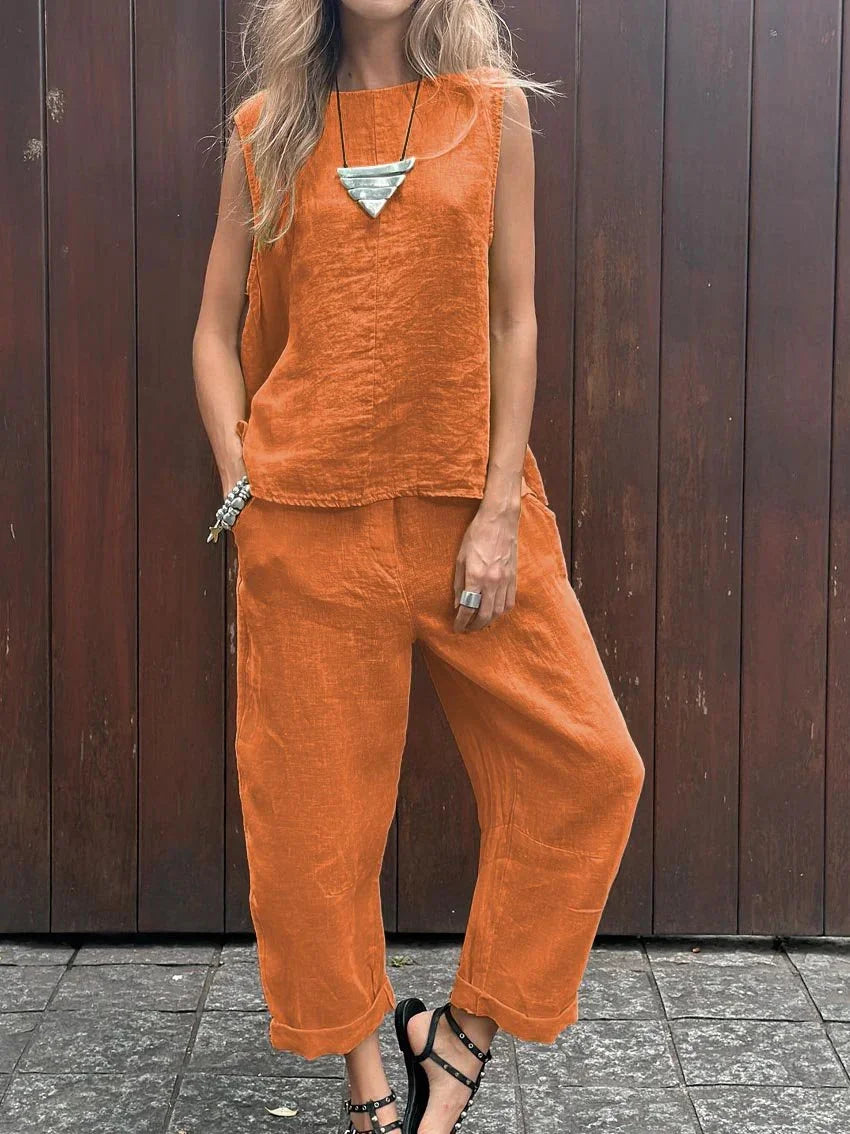 Kylie® | Casual Sleeveless Cotton And Linen Top And Pants Set