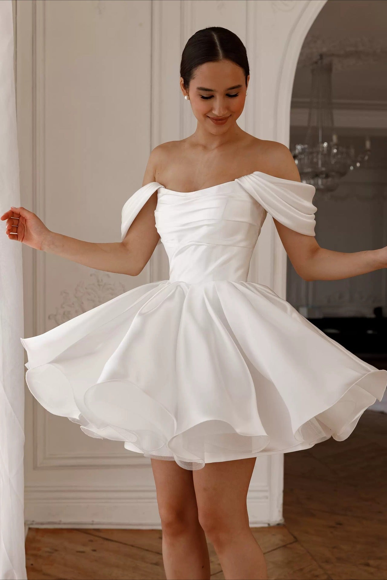 Off Shoulder Back Lace-up Short Fluffy Prom Dress