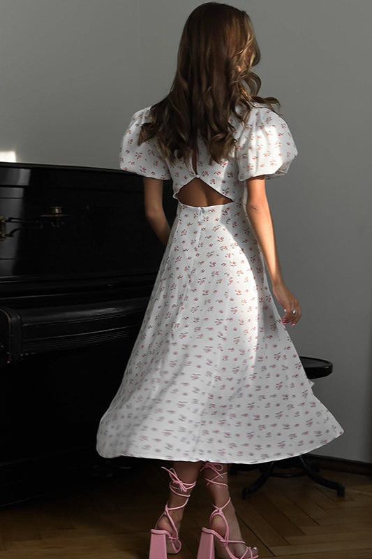 Backless Puff Sleeve Round Neck Split Maxi Floral Dress