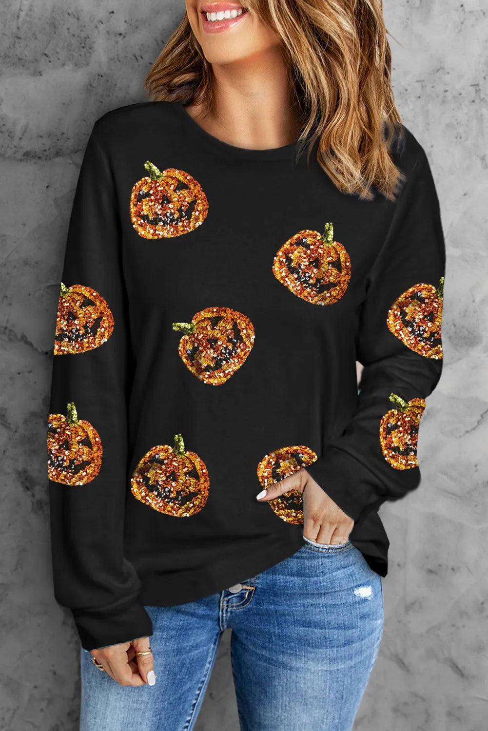 Janine | Sequin pumpkin long sleeve crew neck top