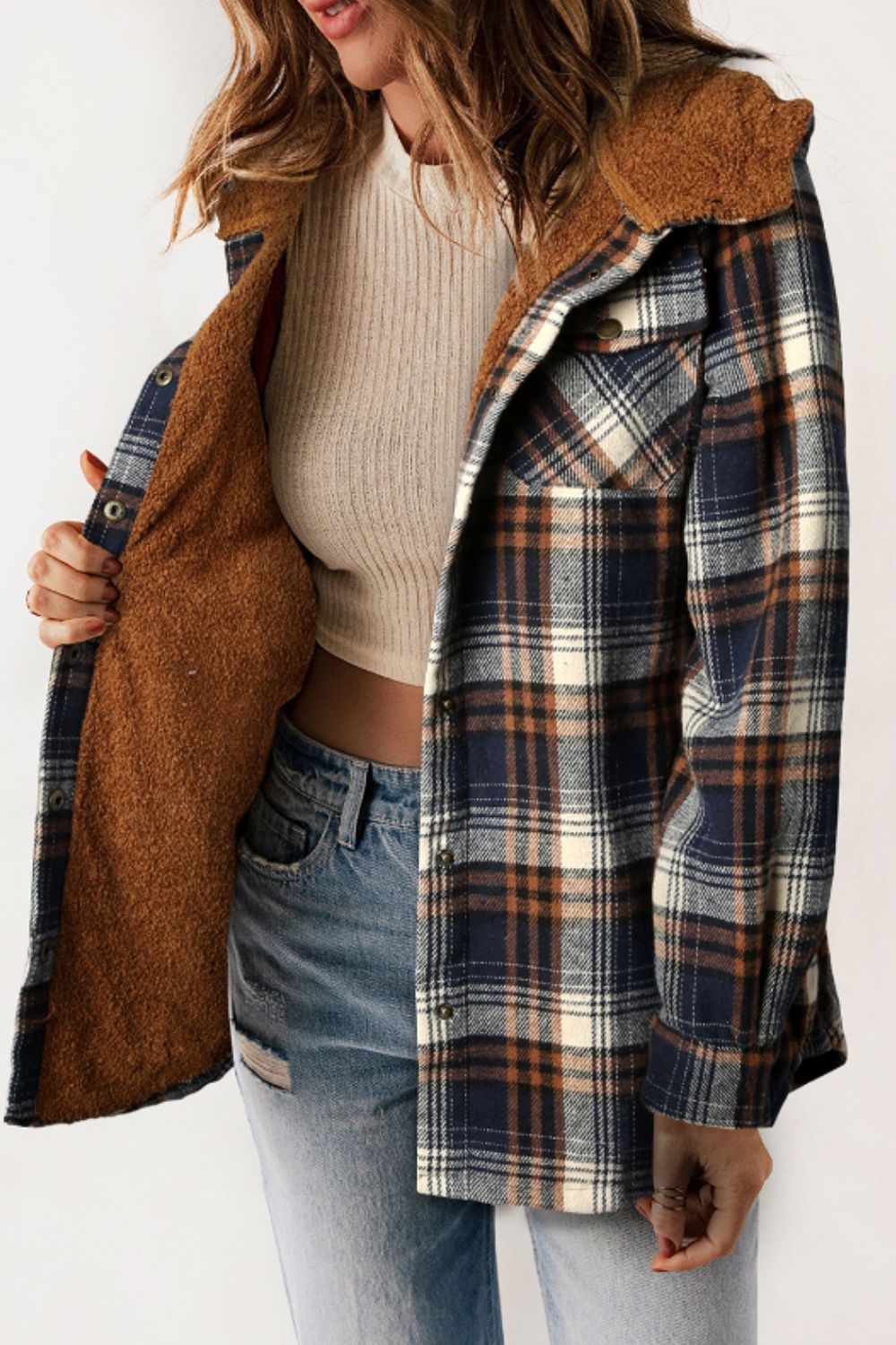Brigida | Checked button down long sleeve hooded jacket