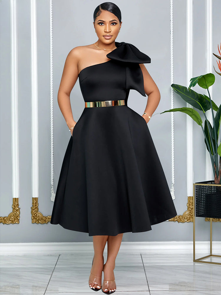 Elegant A Line Pleated One Shoulder Bow Red Party Dress