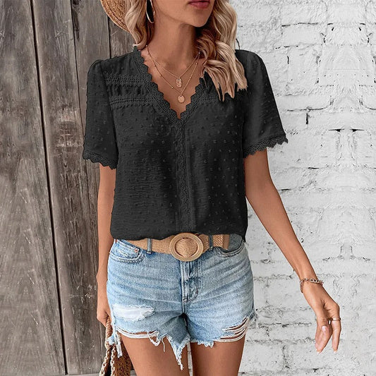 Alessandra® | Elegant Lace Blouse With A V-Neck And Puff Sleeves