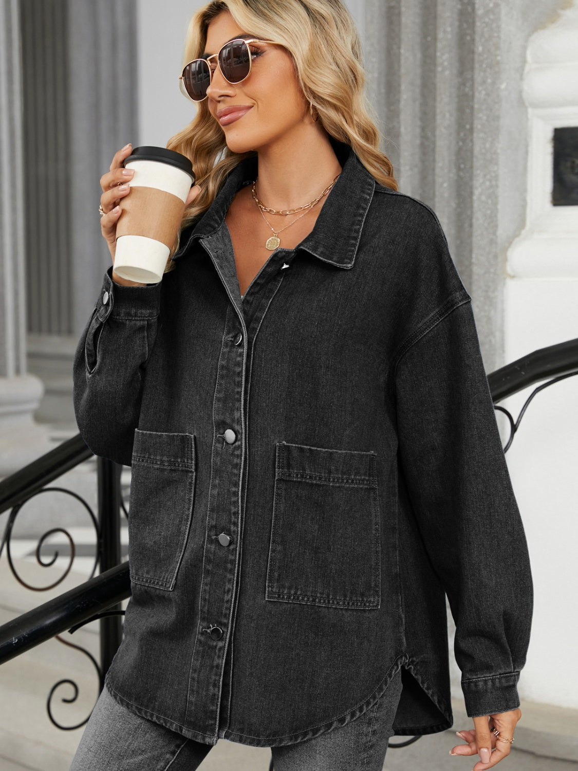 Claudine | Long-sleeved denim jacket with detachable hood and button placket