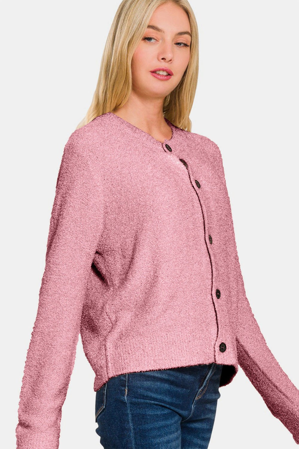Angela | Long sleeve pullover cardigan with button placket