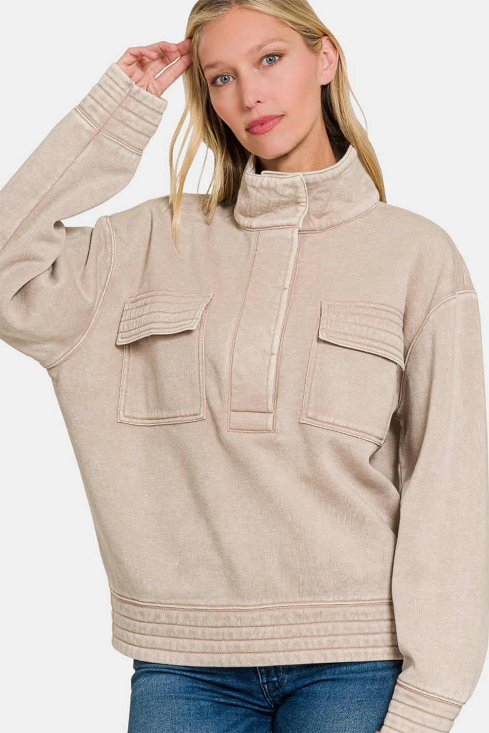 Adriana | Zenana Acid Washed Half Snap Fleece Sweatshirt