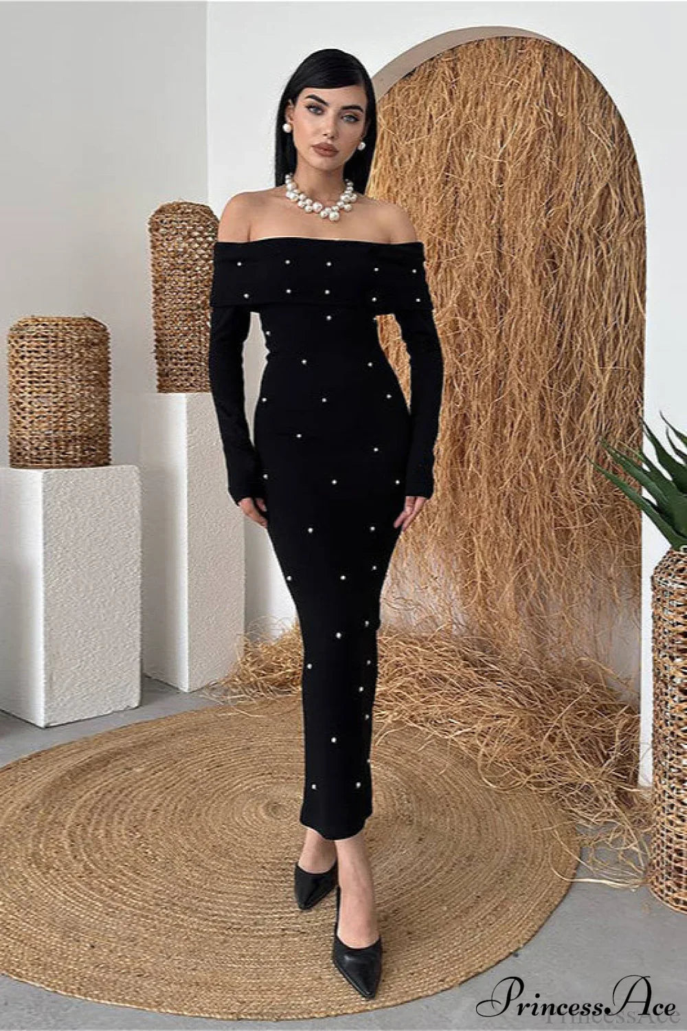 Beaded Off Shoulder Backless Long Party Dress