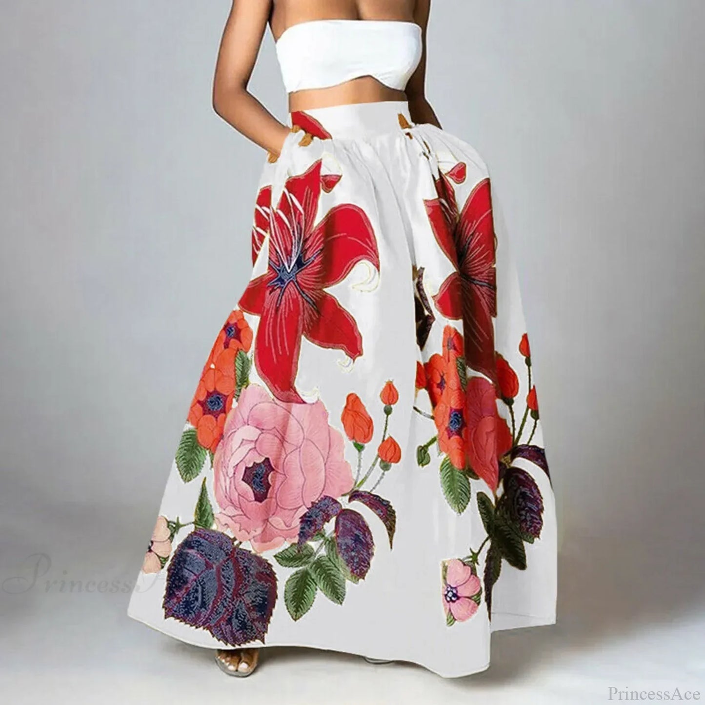 Big Flower Printed A-Line High Waist Long Maxi Skirt