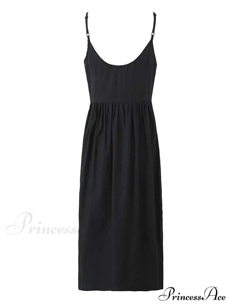 Black Bow Solid Charming Strap Midi Dress