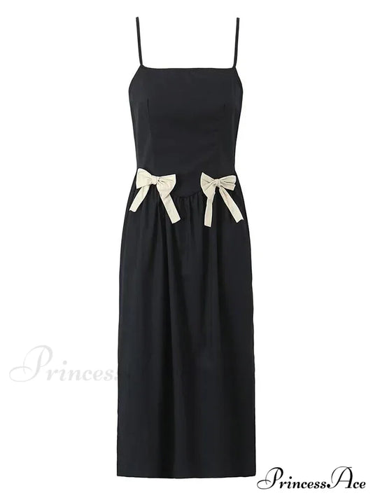 Black Bow Solid Charming Strap Midi Dress