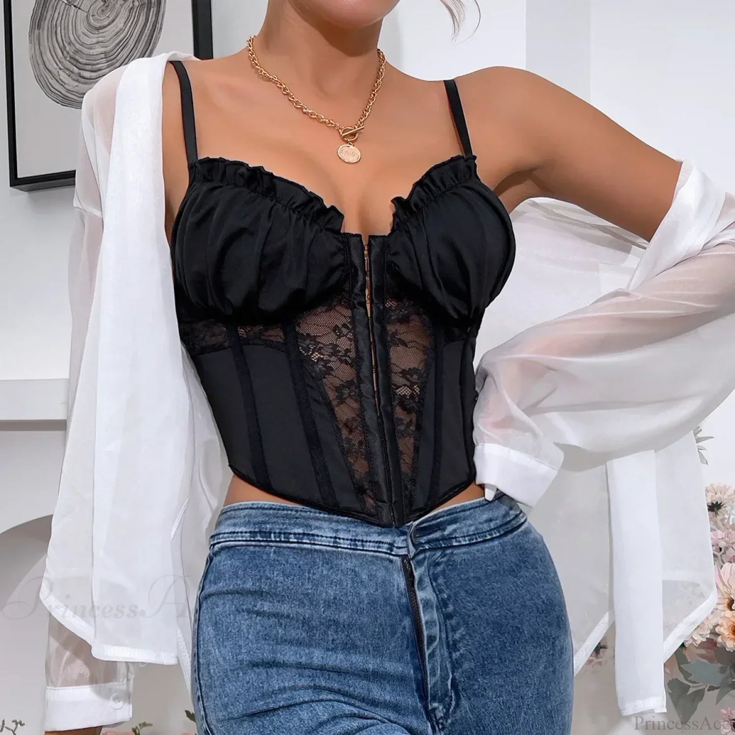 Black Lace Pleated Sheer Fishbone Spaghetti Top