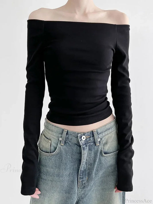 Black Slash Neck Elegant Long Sleeve Slim Knit Top